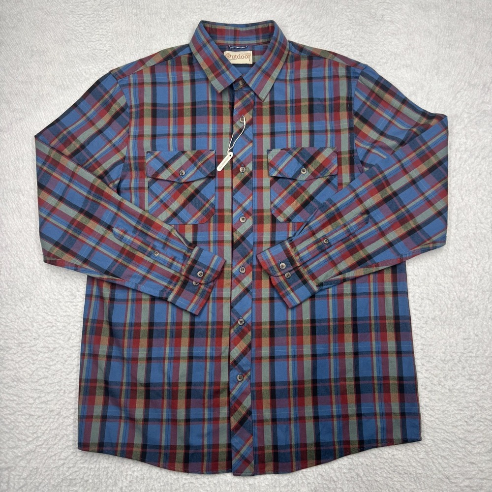 NWT Roundtree and Yorke Outdoor Button Front Plaid Shirt Blue Men's Size Large